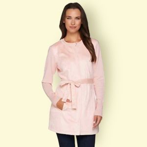 Womens Plus 20W H by HALSTON Pink Faux Suede Belted Jacket Knit Sleeves Coat 20